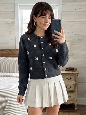 Charcoal Flower-Appliqué Button Cardigan Sweater - Charcoal XL